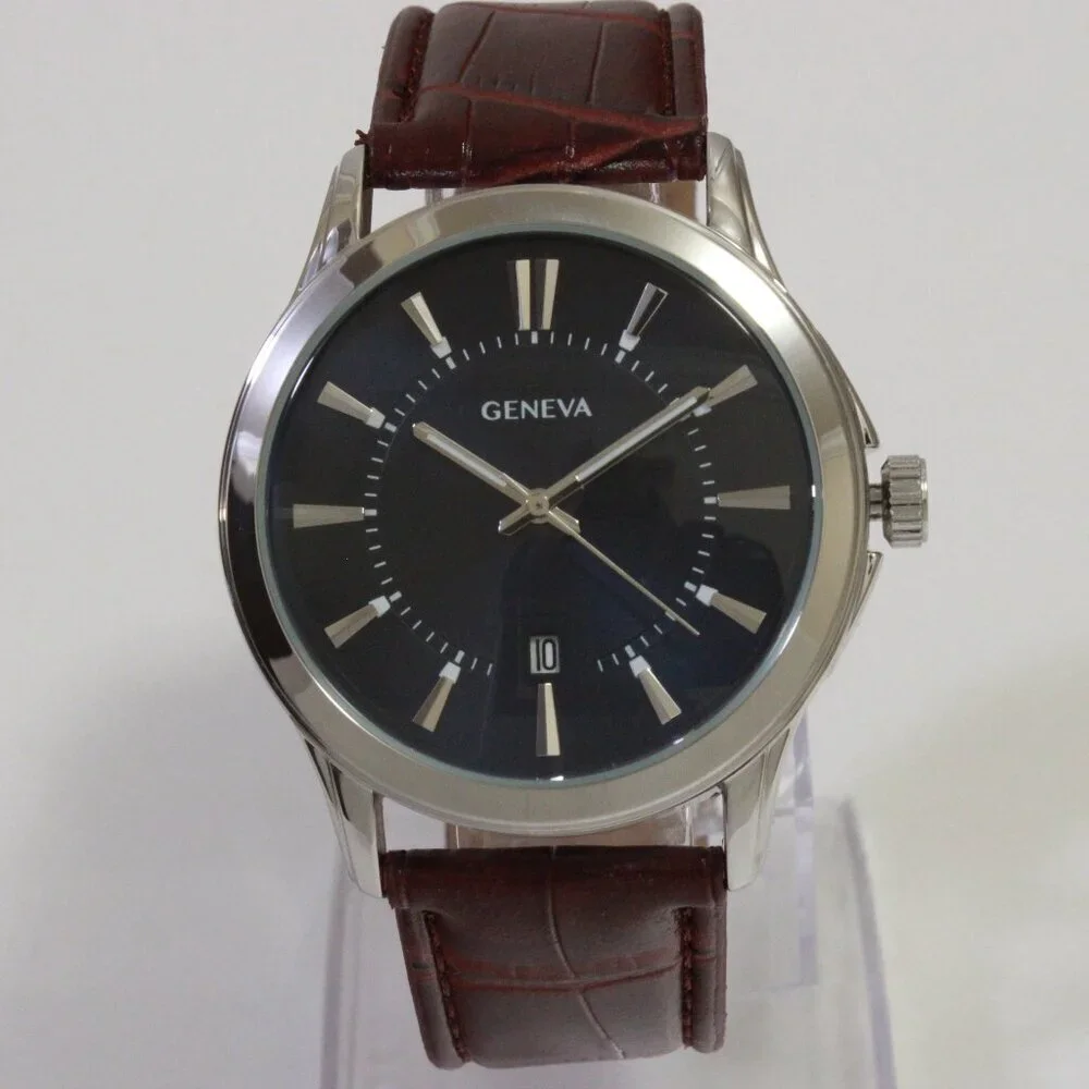 Geneva Men's Dress Watch Silver Tone Navy Blue Dial Brown Strap 42mm